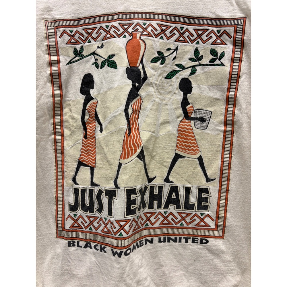 90s Vintage Fruit of the Loom Just Exhale T-Shirt Women Large Cream Graphic Good - Picture 2 of 5